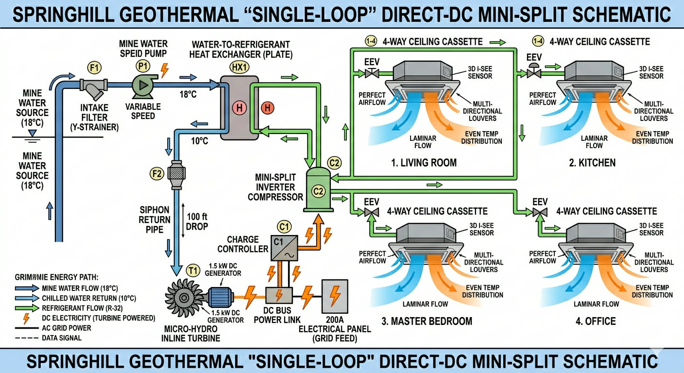 Detailed diagram of mine water geothermal system for buildings