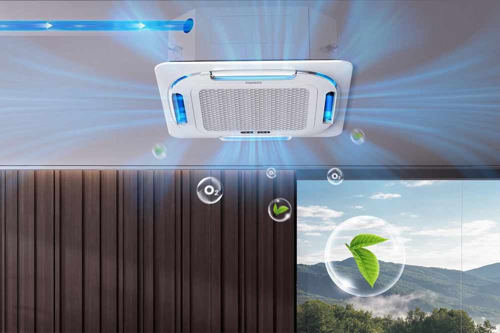 4-way ceiling cassette heat pump showing strong blue cooling airflow